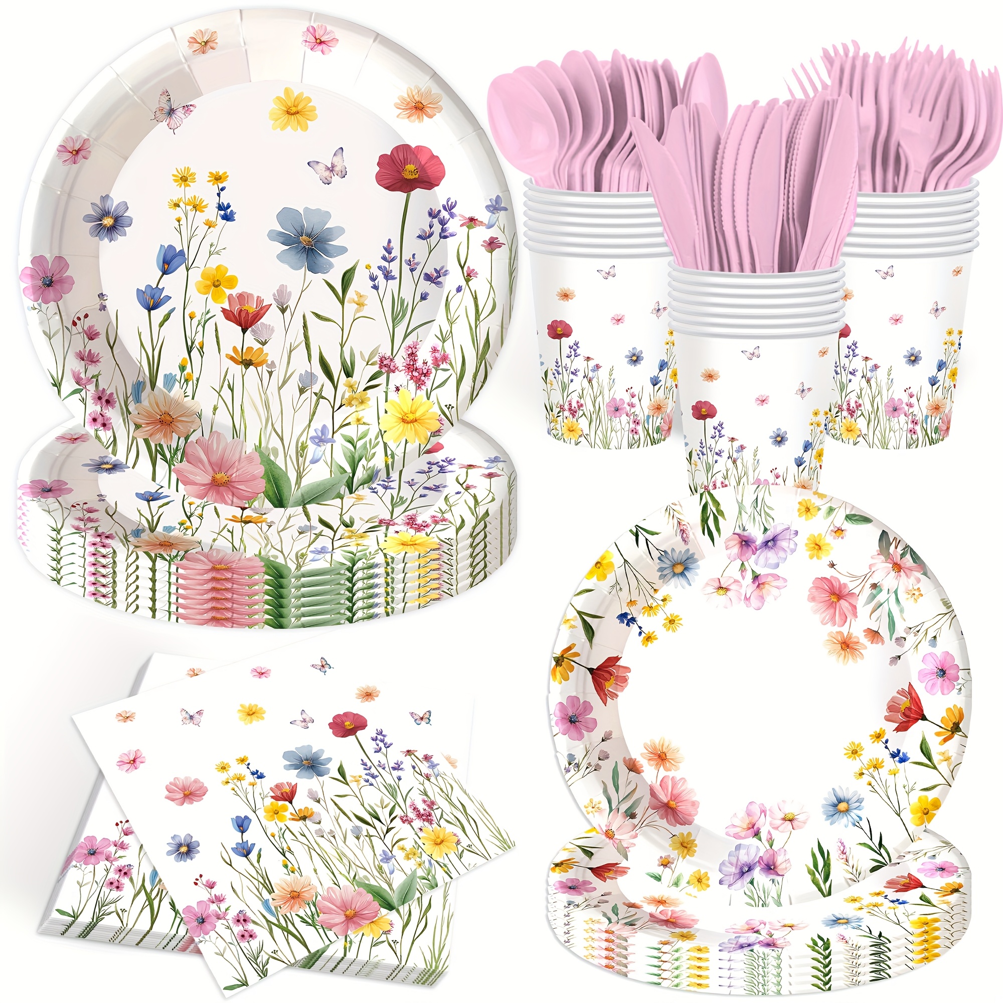 TEMU 140pcs, Party Supplies Tableware Set, Paper Plates And Napkins, Spring Summer Baby Shower Birthday Party Decorations Flower Dinner Plates, Serve