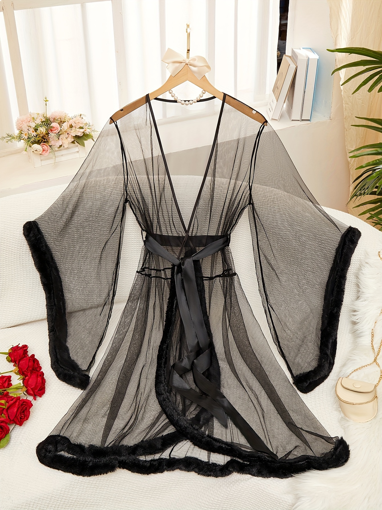 Women's Sexy Sheer Mesh Lingerie Robe Semi-Transparent Long Sleeve  Nightgown with Adjustable Bow Straps Fuzzy Trim Hem, Soft Pink Mesh  Sleepwear f