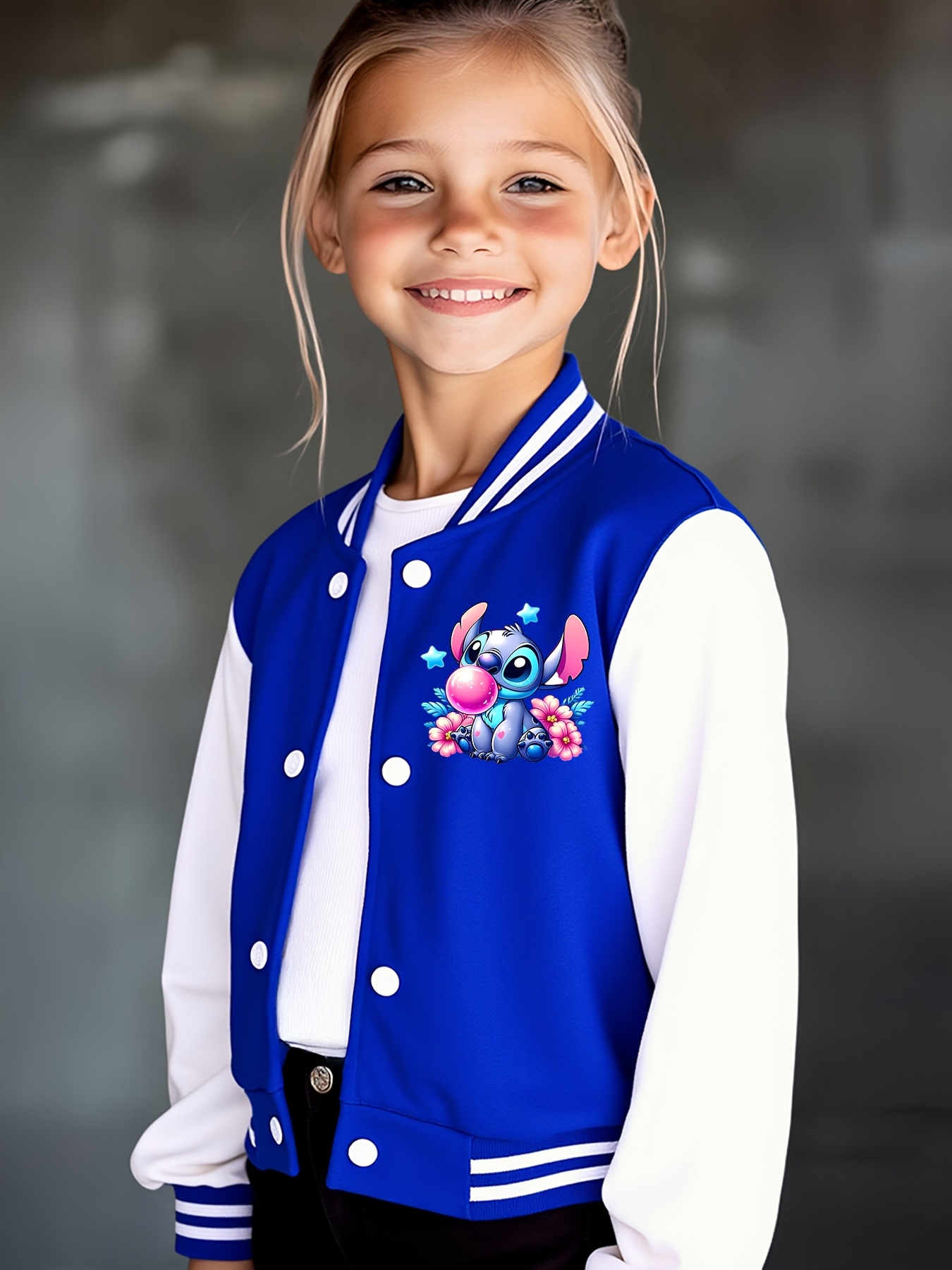 Customizable Stitch Girls' Baseball Jacket - Personalized Text, Autumn/Winter Casual Wear with Cute Stitch Print, Perfect for Halloween & Birthday Gifts, Kids Fashion Sportswear, Stitch Gifts, Festive Kids Clothing, Playful Kids Design, Durable Kids Clothing