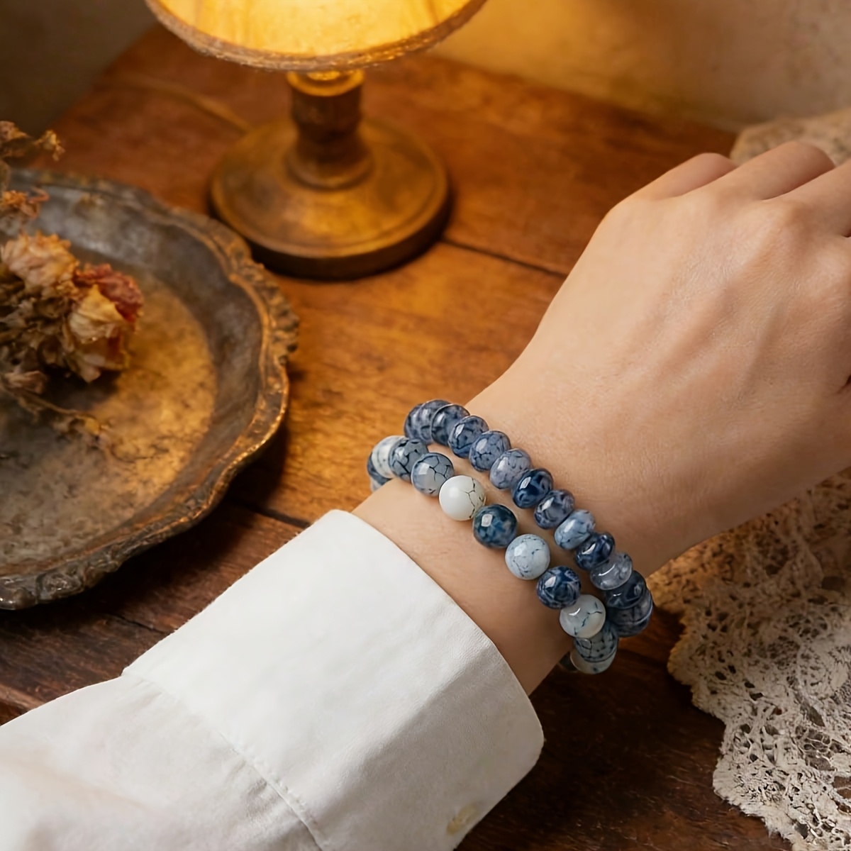 2pcs Blue Dot White Agate Bead Stretch Bracelet Set