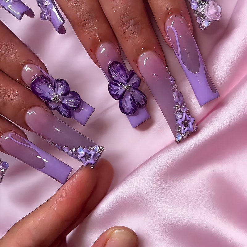 TEMU A Set Of 24 Long Square-shaped Press-on Nails Featuring Rhinestones, Vibrant Purple Flowers, And Adorable Stars. Suitable For All Women And. The