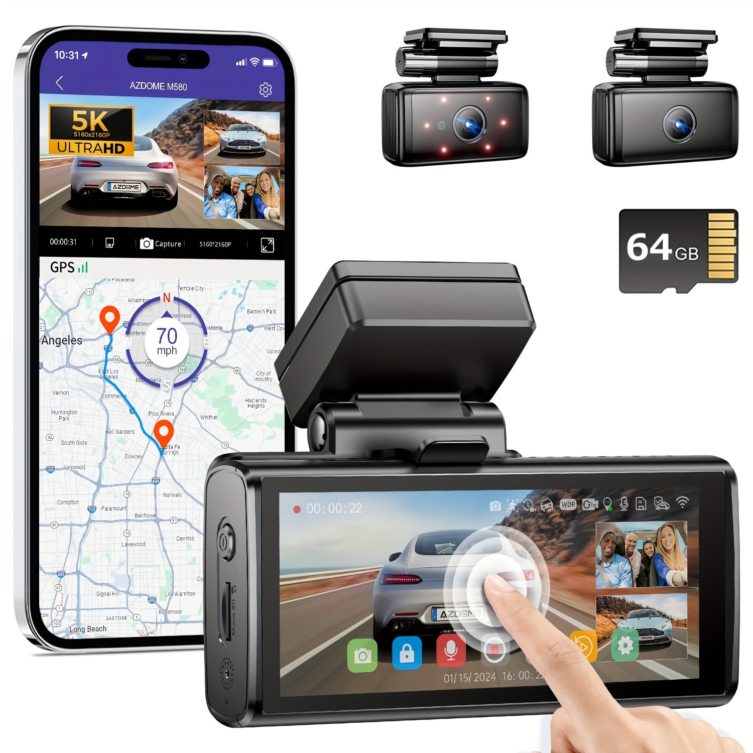 

5k Front Uhd 3 Channel Dash Cam, 4in For Cars, Front+cabin+rear 4k+1k+1k, Azdome M580, Type-c, Build-in 5g Wifi And Gps, , 6 Class Lens For Dash Cam, Loop Recording, 64g Card Included, To Install