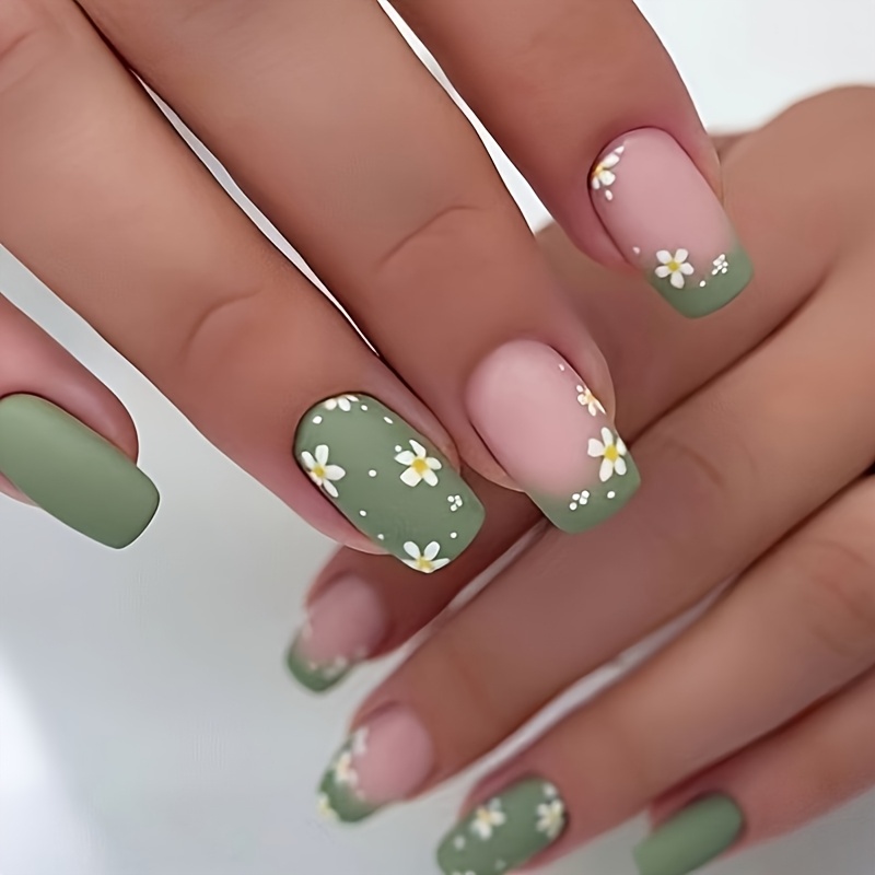 E-shop 24 Stück Nagelkunst Puder Grüner Farbverlauf Gänseblümchen Muster Nagelpatch Falsche Nägel