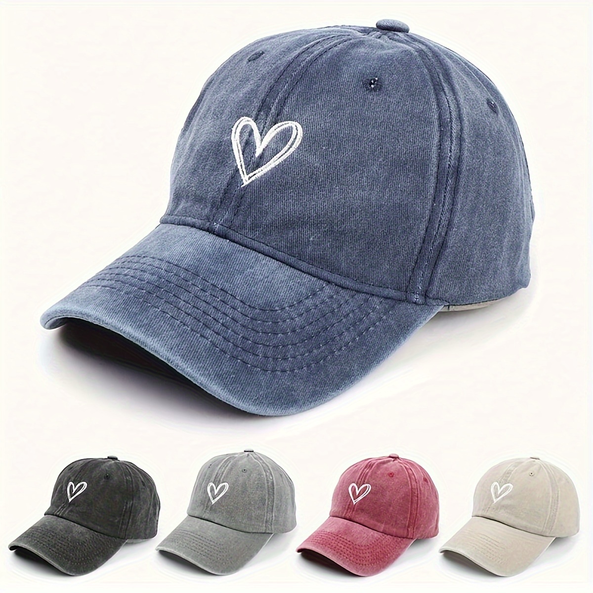 

Love Heart Embroidery Baseball Cap Vintage Washed Distressed Solid Color Sports Hat Breathable Adjustable Dad Hats Valentine's Day Gift