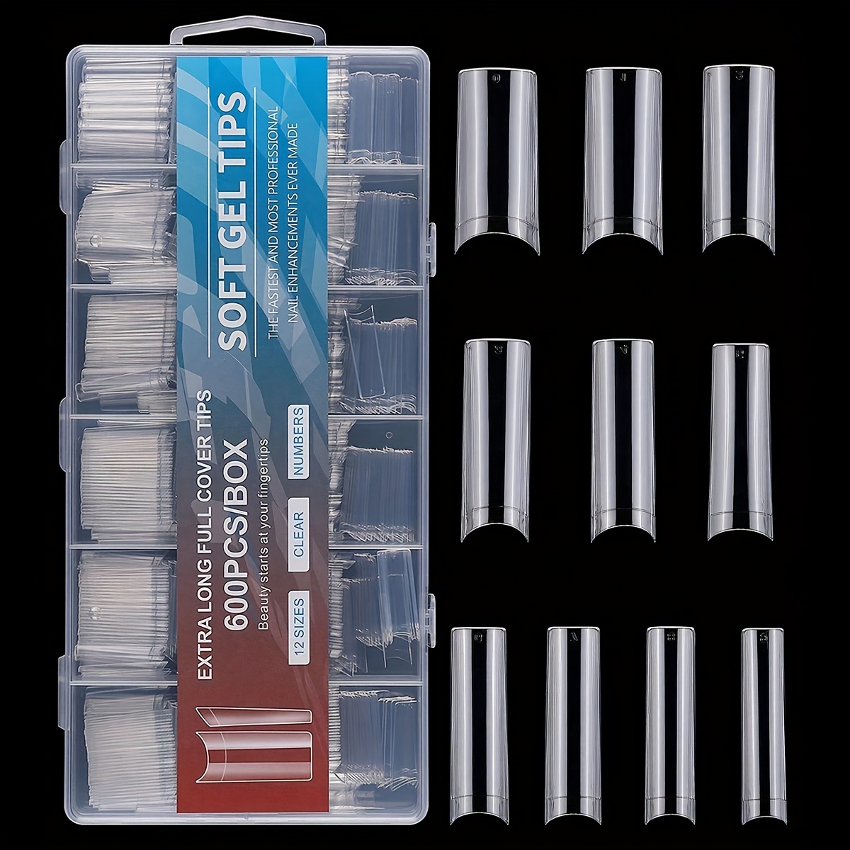 Image of 600pcs No Xl Nail Tips, Clear Long Square Straight Fake Nails 10 Sizes Half Cover Artificial Nails For Nail Salon Professional And Home Diy