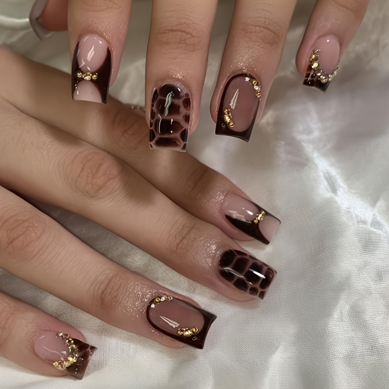 TEMU 24pcs Short Square Shape Press On Nails Dark Brown Nail Tip Fake Nails Leopard Print & 3d Three-dimensional Decoration Rhinestone Decor Design