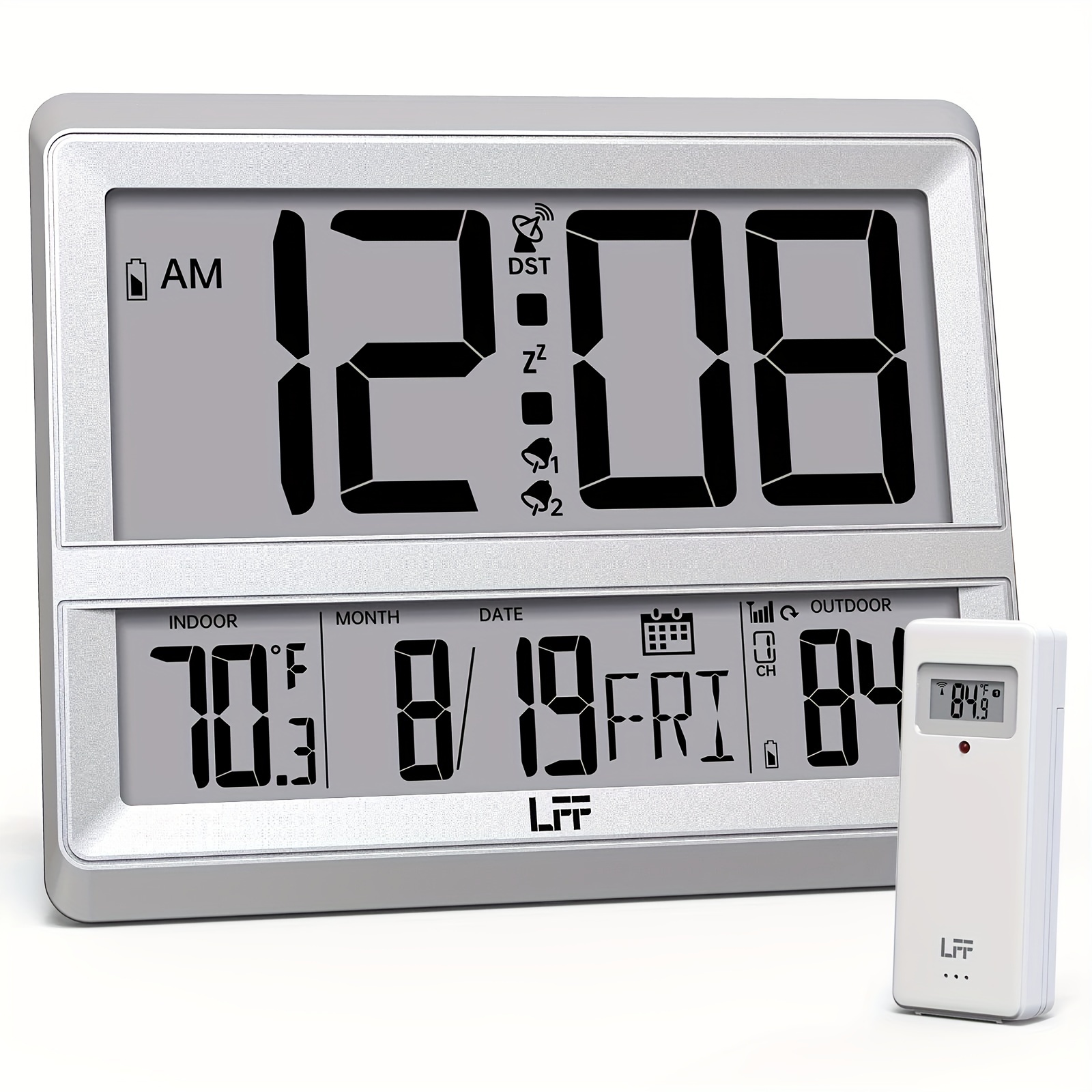 

Clock Large Display, Digital Wall Clock With Indoor Outdoor Temperature And Date, 1 Wireless Outdoor Sensor, Digital Desk Alarm Clock Battery Operated For Bedroom, Easy To Read, Silver