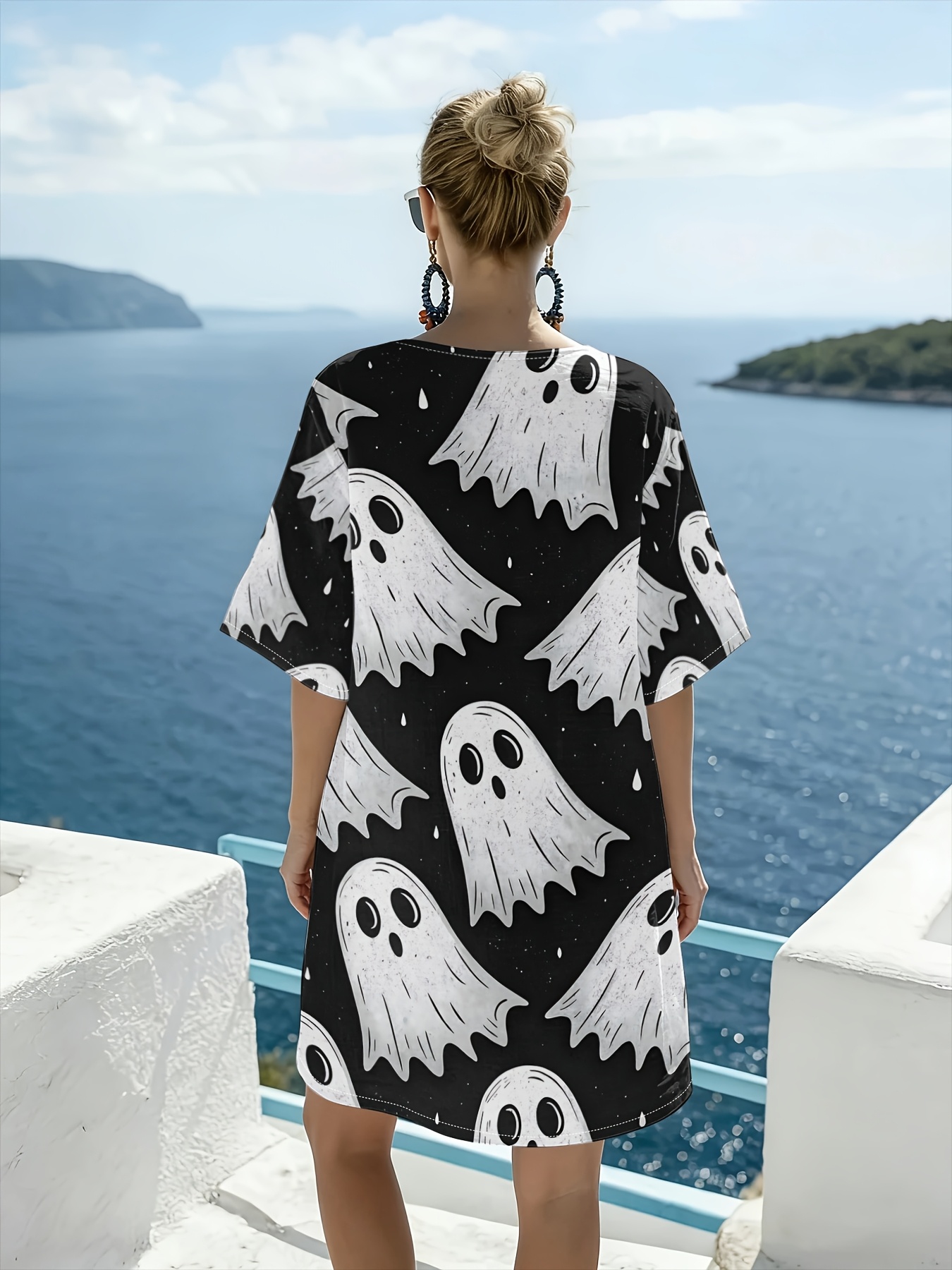 black background full print white retro ghost cartoon halloween print womens v neck dress loose short sleeve trendy cool individual vacation womens fashion dress