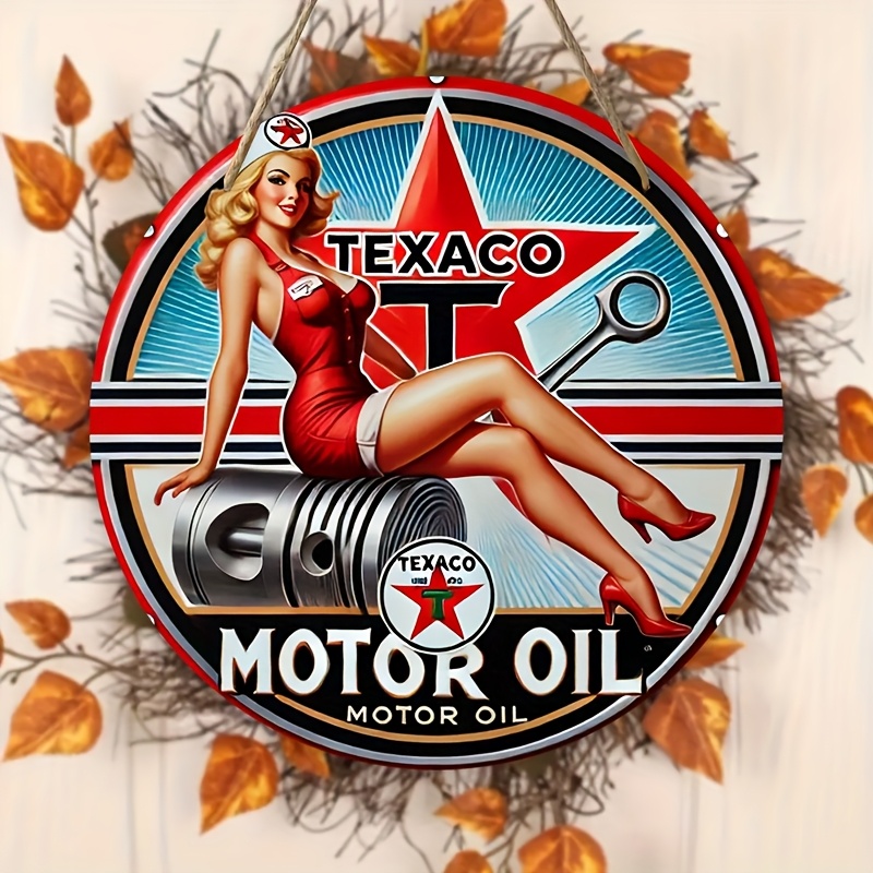 

1pc Vintage Texaco Motor Oil Girl Wooden Wall Art - Retro Americana 2d With Floral Wreath, Living Room, Office, Cafe, Bar - Easy-to-hang, No Power Needed, & Dorm Gift, Home Decor