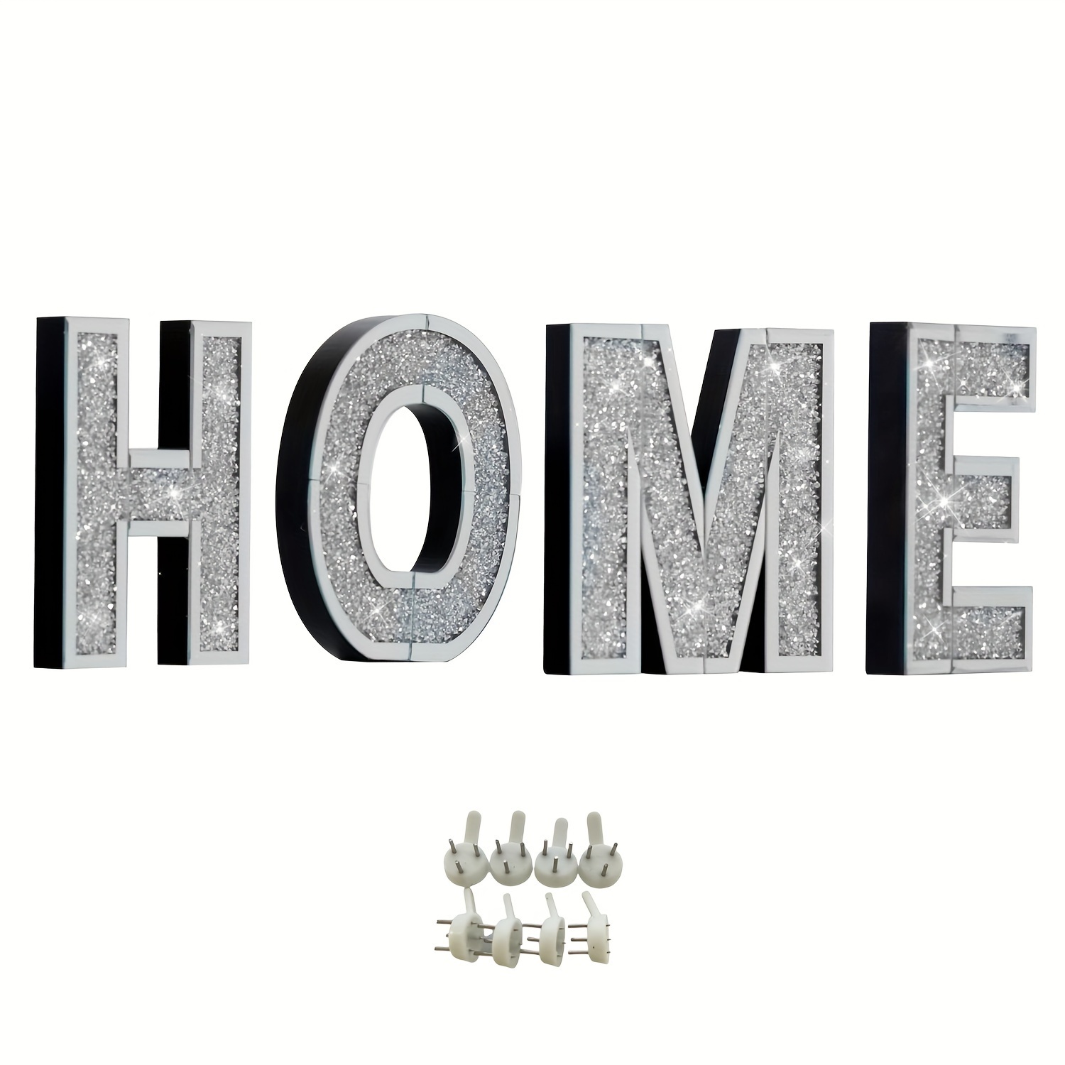 

Crystal Diamond Silver Mirrored Glass Home Letters Set - 4 Pieces With Hooks For Wall Mounting - Suitable For Festive Decorations, Weddings, And Modern Décor