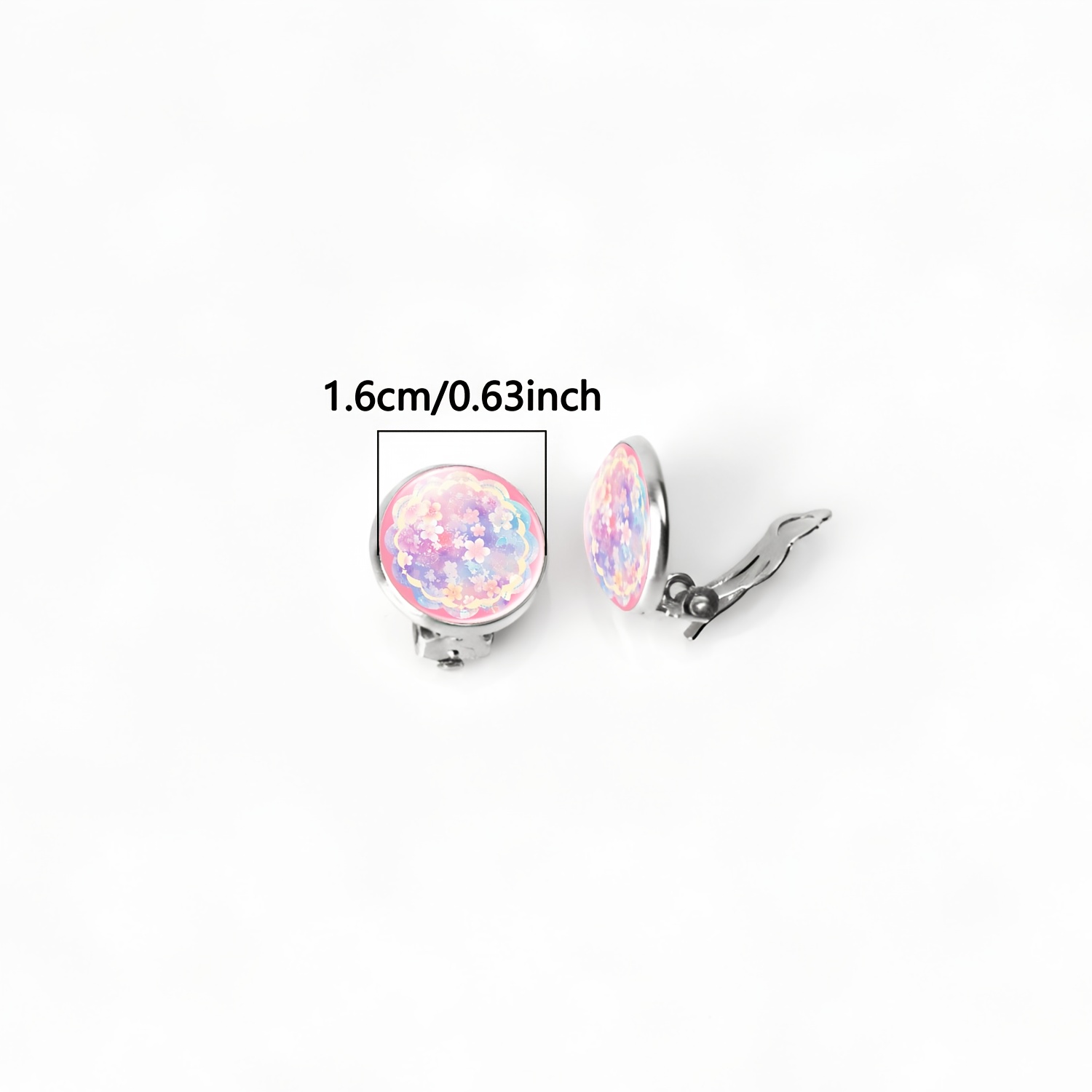2pcs Set No-Pierced Round Glass Face Women'S Earrings with Floral Design
