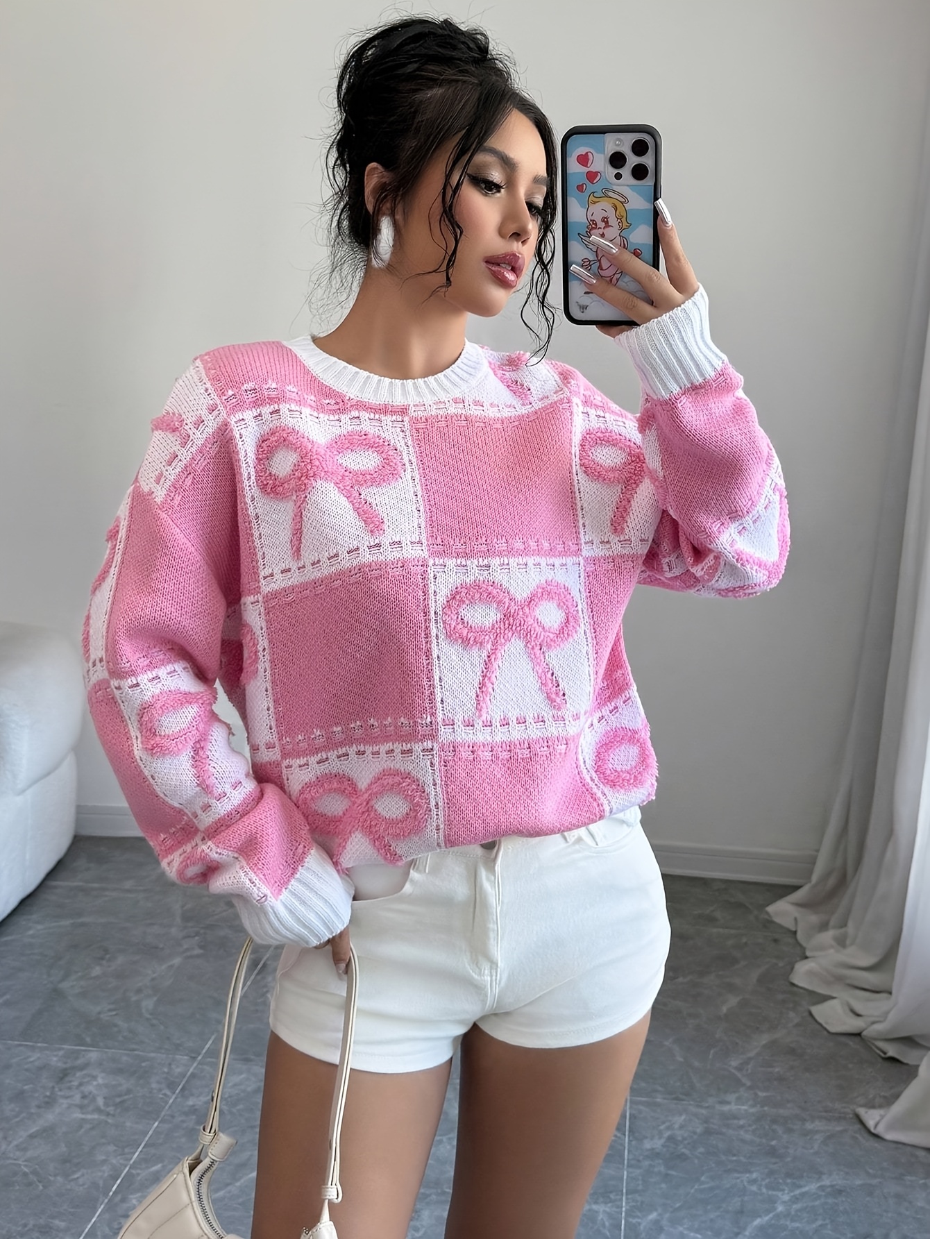Color-Blocked Round-Neck Knitted Pullover with a Bow Tie
