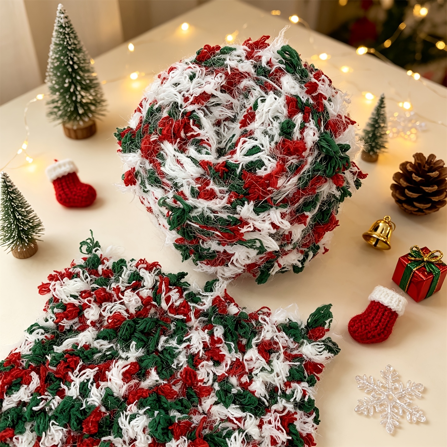 TEMU 1pc 100g Classic Christmas Xmas Red Green White Multicolor Mixed Fluffy Eyelash Feather Pompom Bobble Textured Novelty Yarn, Soft Knitting