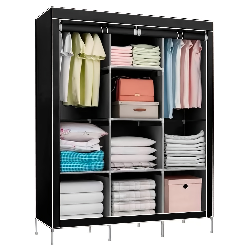 TEMU Practical Fabric Canvas Wardrobe Hanging Rail Shelving Clothes Storage Cupboard, Portable Closets