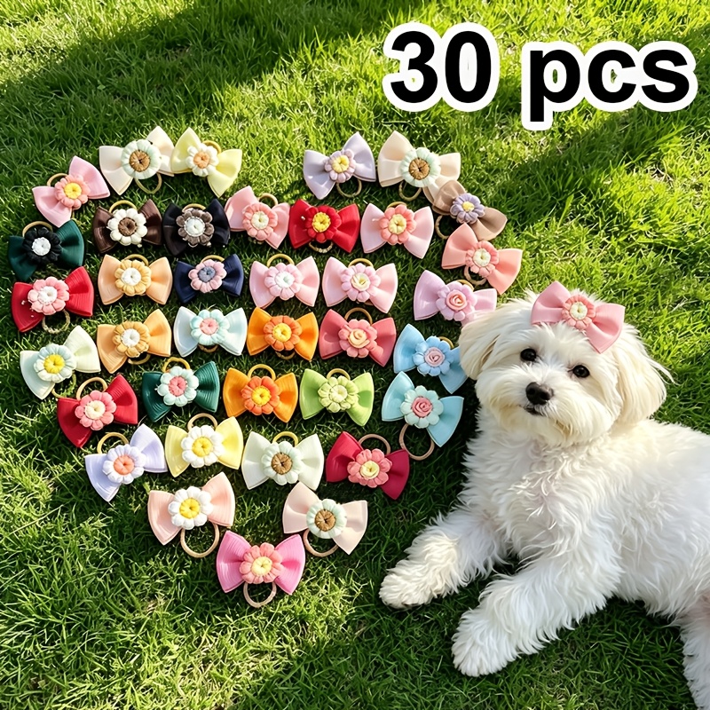 TEMU 30pcs Embroidered Hair Additions, Cat And Dog Hair Bands, Outdoor Travel Decoration, Pet Grooming Supplies, Birthday Gifts, Random Colors And