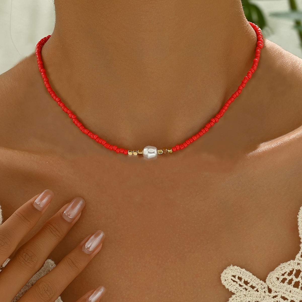 Boho Red Rice Bead Necklace & Anklet Set