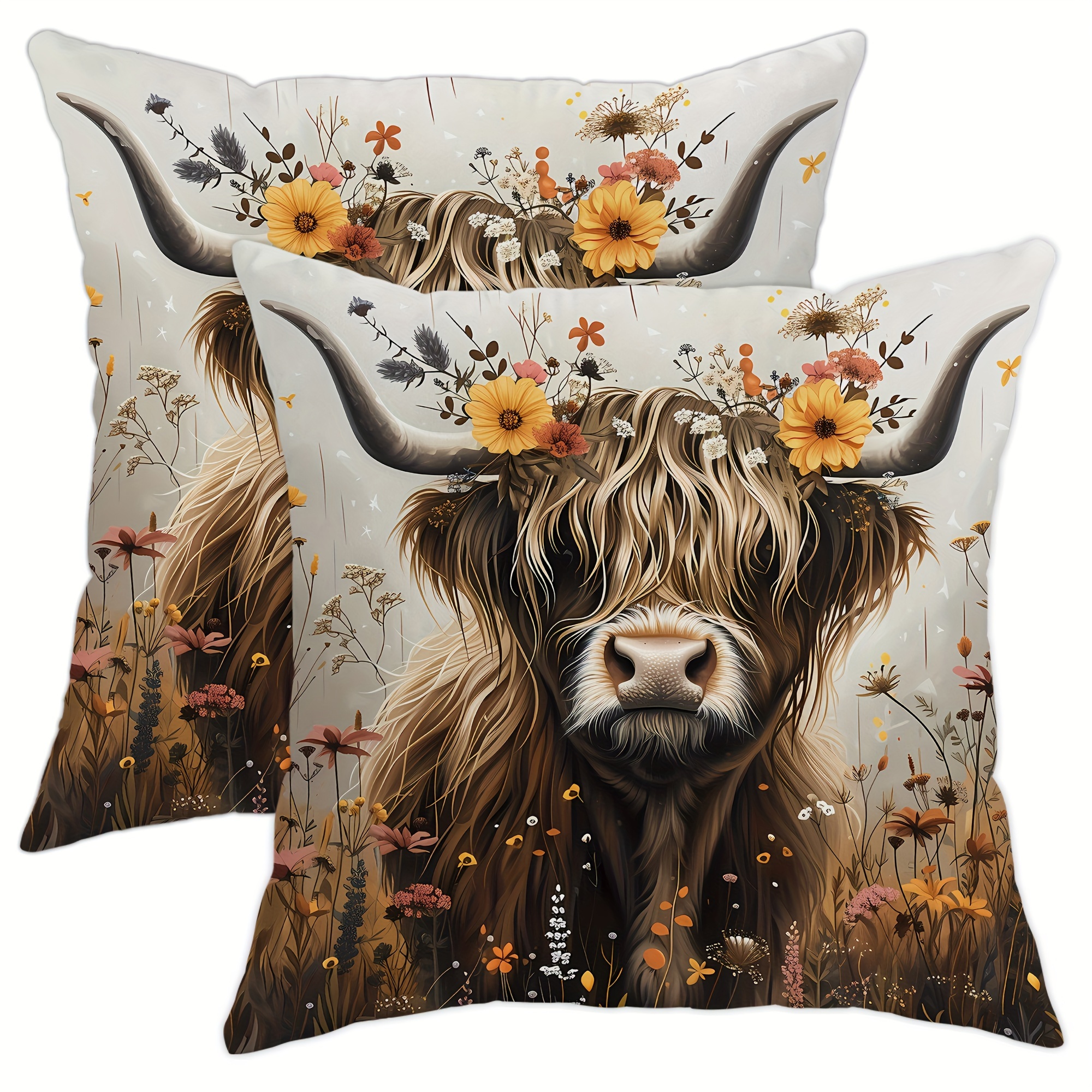 

2-pack Velvet Farmhouse Highland Cow & Floral Pillowcases, 18x18 Inches - Decorative Brown Throw Pillow Covers For Living Room And Bedroom Sofa Pillows For Couch Couch Pillows