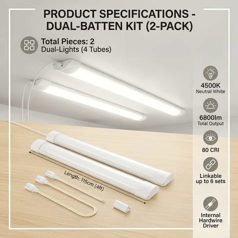 2 4-foot Led Strip Lights, 40w 4500k Neutral White Light, In Series For Garage, Warehouse, And Kitchen Lighting; 115cm Linear Ceiling Light, Eye-friendly, High-brightness Ceiling Light