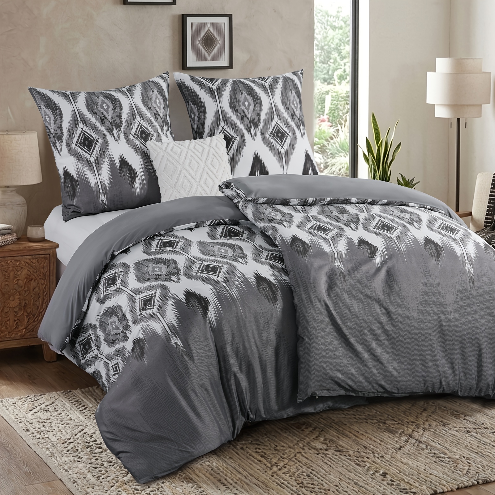 Image of Bedding 135x200 Cm, 4pcs, Duvet Cover - Bedding 135 X 200 Cm, Grey And Bohemian Pattern, With 2 Pillowcases 80x80 Cm, 2pcs Duvet Cover With Zipper, Non-iron And Soft