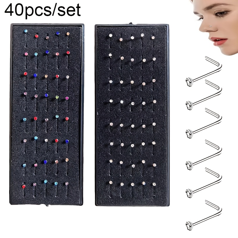 

40pcs Style Stainless Steel Nose Ring Set, Synthetic Crystal Ear Bone Needle , Non-magnetic Body Piercing Jewelry For Women, Valentine's Day Gift