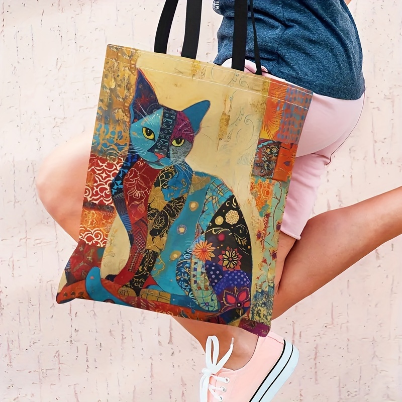 

1 sac fourre-tout en toile avec motif floral ethnique pour chat, sac à bandoulière unique, sac de shopping à usage quotidien à la mode, pliable et réutilisable.