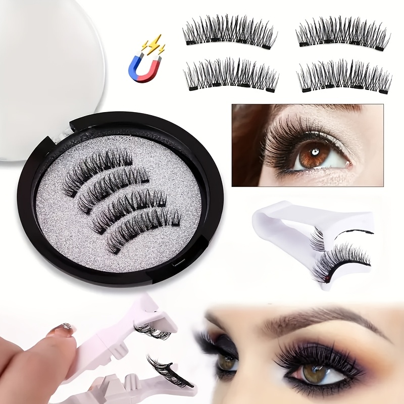 

4 Pairs Magnetic Quantum False Eyelashes Set - D , 0.07mm Thickness, & Cat Eye Styles, Fluffy Lashes, Reusable Strip Lashes With Easy Application For Long- Wear