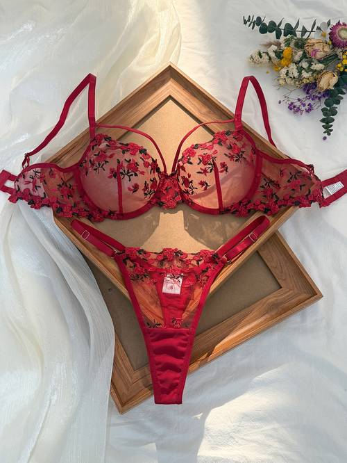 weinrotes damen-dessous-set im europäischen amerikanischen stil mit floraler stickerei, bh-set mit bügel verstellbarem tanga ohne bh-polster, 2-teiliges halbtransparentes bh- slip-set, exotische unterwäsche, für dates, partys, valentinstagsgeschenk