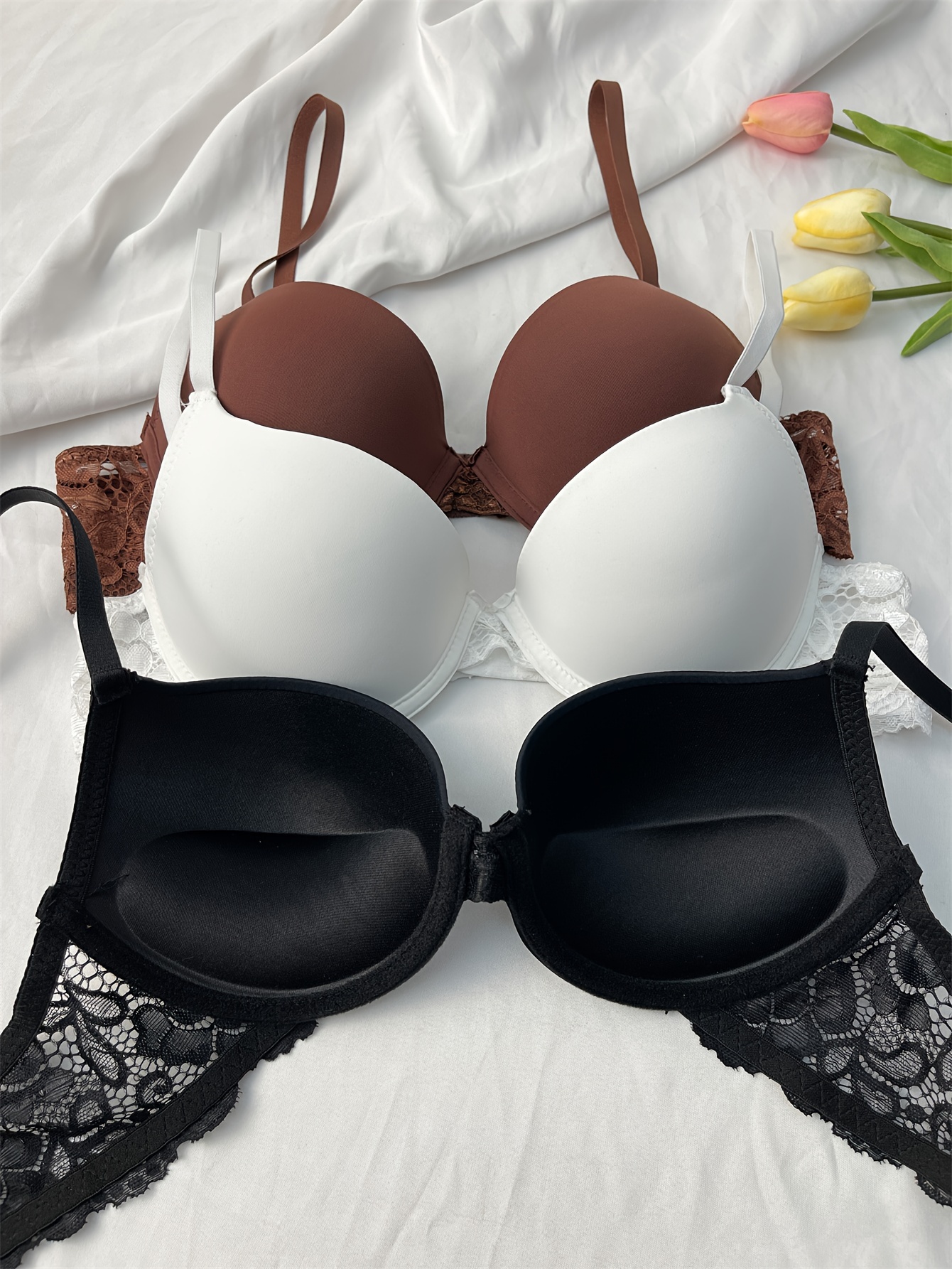 3pcs Contrast Lace Bra