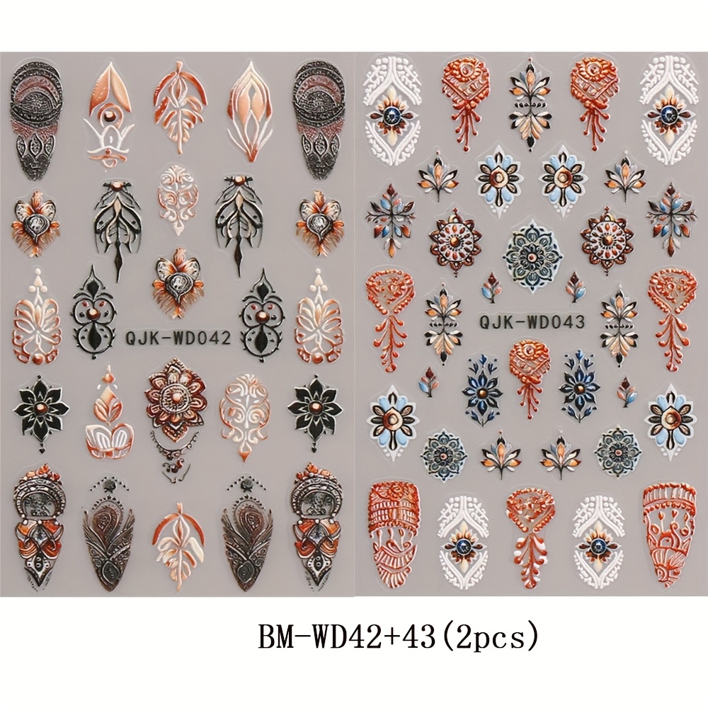 Image of 2pcs Classic Floral Nail Stickers, Bohemian Style Brown Floral Totem Micro-carved 3d Faux Painting Totem Ethnic Style Self-adhesive Nail Stickers