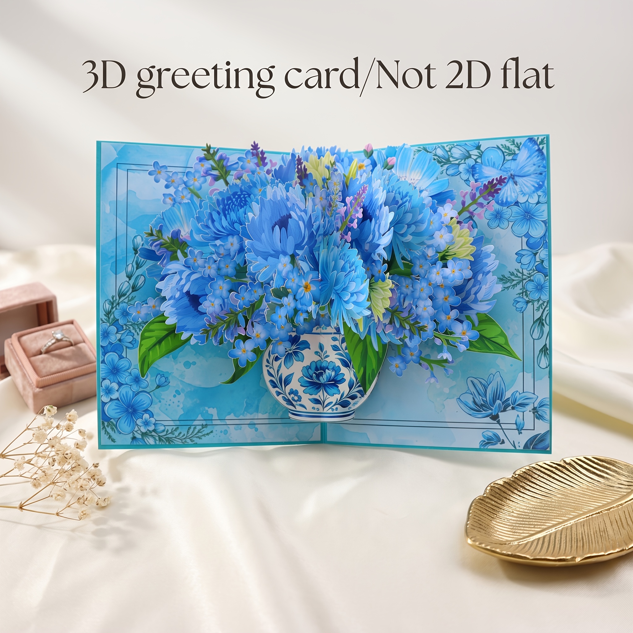 TEMU A 3d Blue Vase Floral Pop-up Greeting Card, An Elegant Blue Chrysanthemum And -me-not Bouquet Pop-up Card, A Watercolor Art-style Handmade Paper