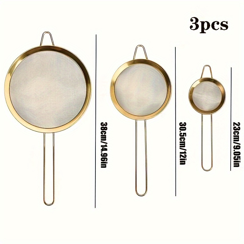 Image of 3pcs-golden Fine Mesh Filter, Stainless Steel Flour Sieve, Kitchen Colander, Baking Tools, Kitchen Additions, Kitchen Tools, Dining Tools