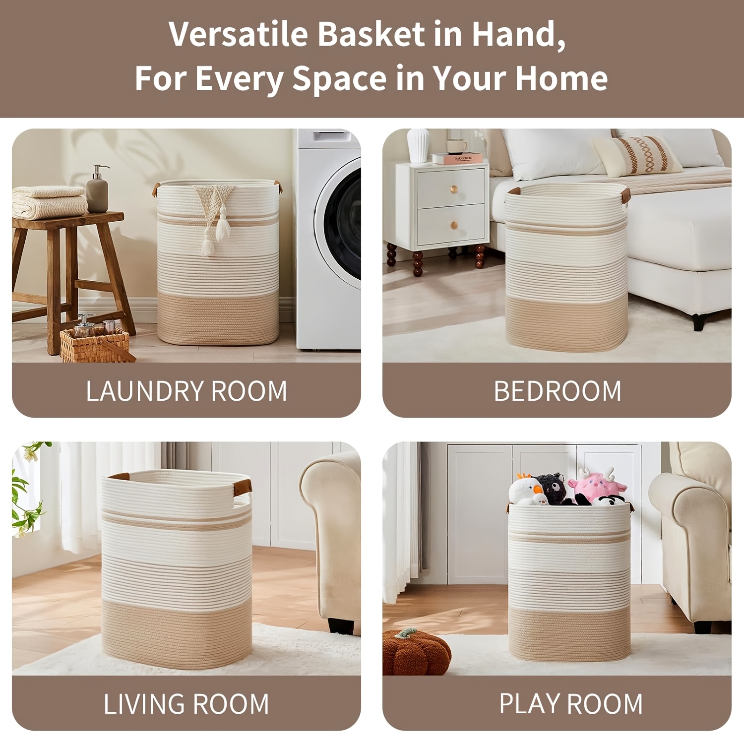 Laundry Basket with Handles - Blanket Basket And Hampers for Bedroom Aesthetic, Laundry Hamper And Blanket Storage for Living Room, Clothes Hamper, Tall, Large Light Brown And White, Shelf Baskets