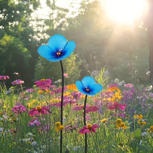 2 flowers garden decorative stakes metal flowers for outside iron flower decorative garden stakes for outdoor floor theme for lawn patio yard and garden decoration 2pcs tall and short poppies with spring