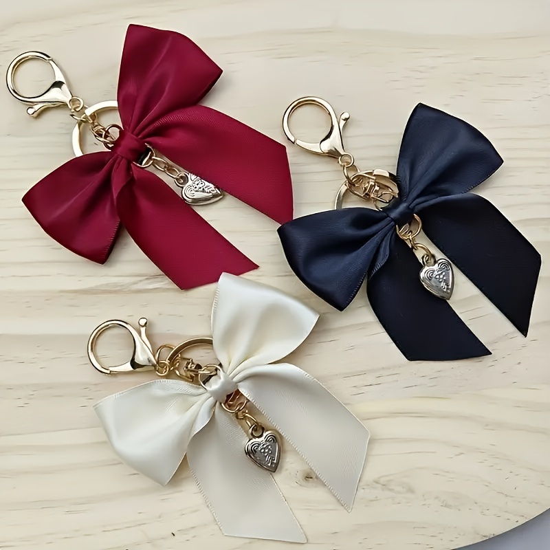 

Chic Ribbon Bow Keychain With Heart Charm - Cute Metal Bag Pendant & Car Accessory, Perfect Day Gift