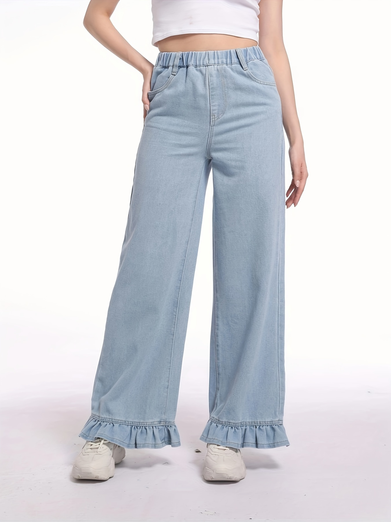Women's Ruffle Flare Jeans Fashion High Waist Elastic Raw Hem Bell