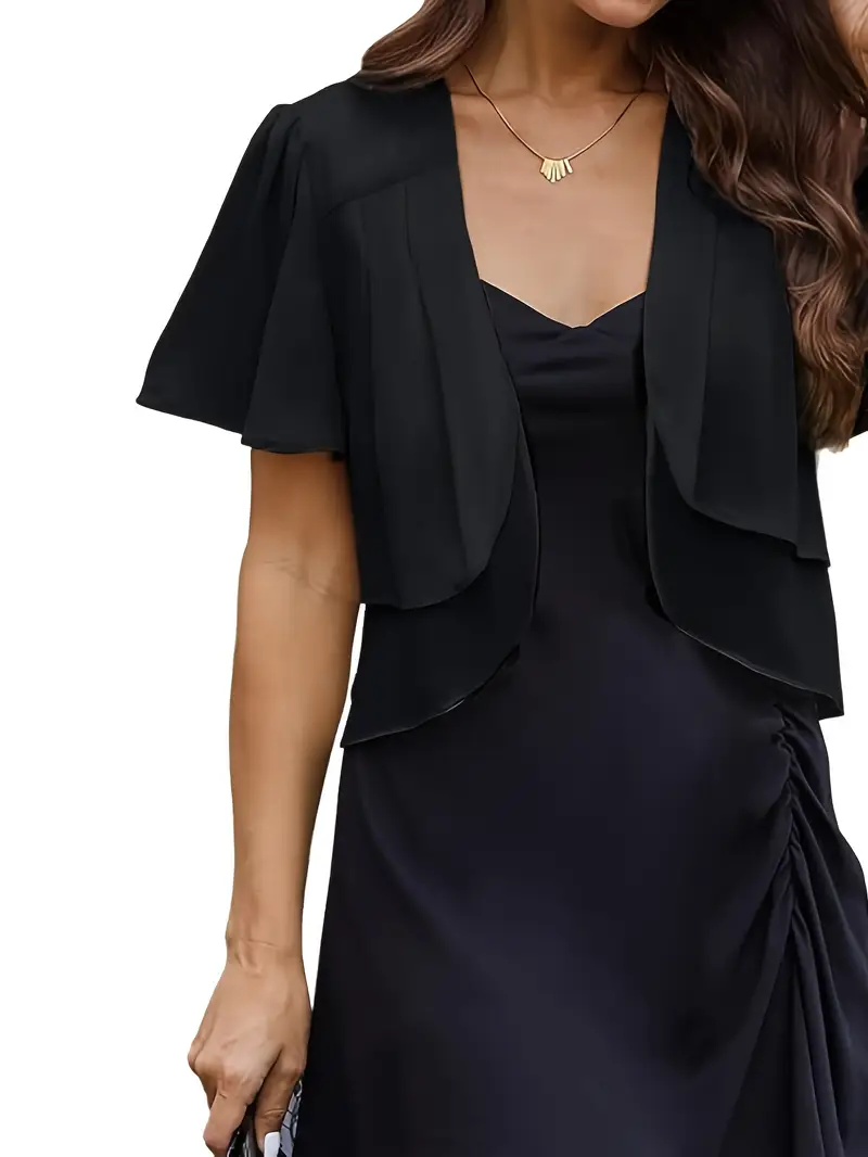 black chiffon shrug for dresses ZNVGIRL Women Shrug Chiffon Cardigans Open Front Short Sleeve Bolero for Evening Dressy(Black,S) at Amazon Women's Clothing store