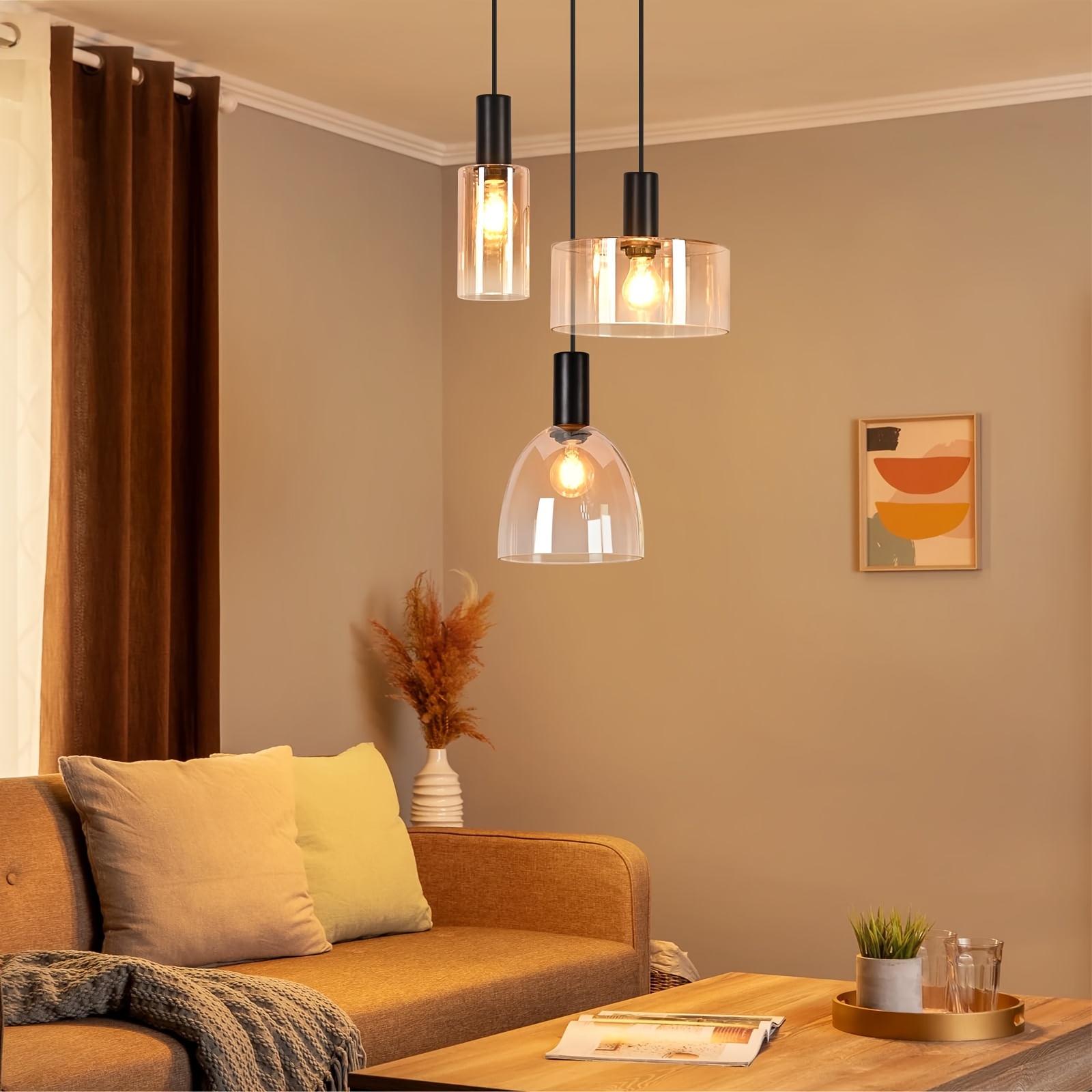 TEMU Amber-colored Room Chandelier, Living Room Chandelier, E27 Chandelier, With 3 Bulbs, Height Adjustable, Suitable For Living Room, Dining Table,