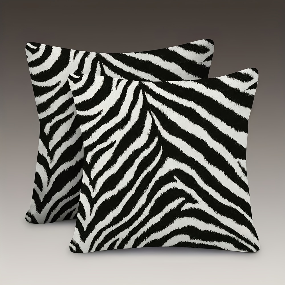TEMU 2pcs Double-sided Printed Throw Pillowcases, 18x18inch/45x45cm Soft Short Plush Cushion Covers Black And White Zebra Pattern With Zipper Closure