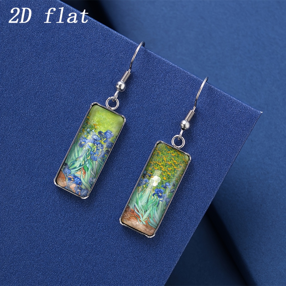 TEMU 1 Pair Van Iris Asymmetric Earrings - Stainless Steel Hooks & Settings, Time Gem Glass Art Prints, Unique Long Rectangle Dangle Jewelry For Art