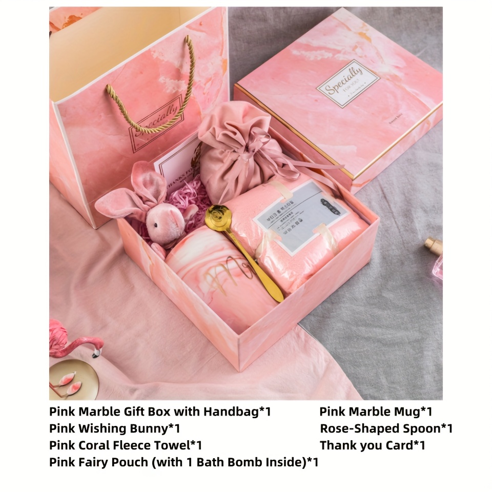 TEMU Elegant Gift Box Set With Handle Bag, Marble Mug, Rose-shaped Spoon, Bunny Toy, Coral Towel, Greeting Card, Fairy Pouch With Bath Bomb,