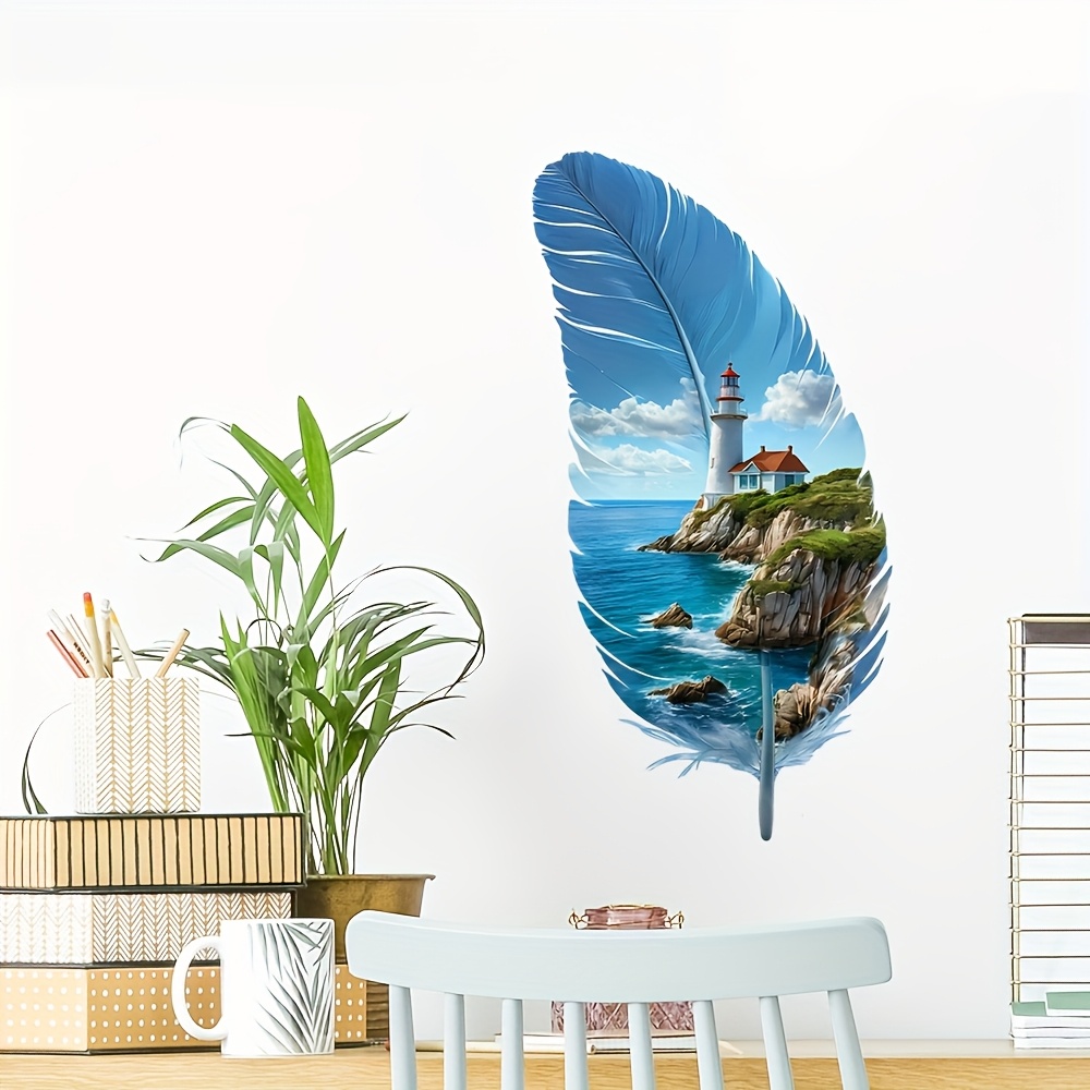 Image of Contemporary Lighthouse Ocean Wall Sticker, Feather Shape Design Ocean Wall Stickers, Home Decor Stickers For Bedroom, Dorm, Aesthetic Room Gift, Modern Pvc Self-adhesive Removable Home Decor