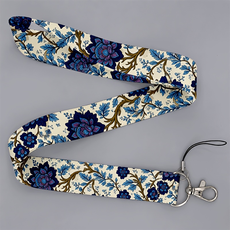 TEMU Cordón 2D para , ideal para ir al trabajo o a , base crema, diseño vintage azul con estampado floral, para teléfonos y credenciales de