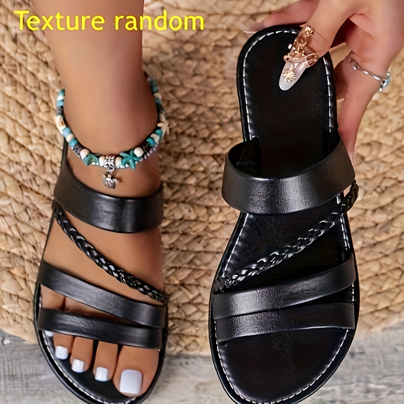 

Women's Solid Color Slide Sandals, Casual Braided Open Toe Flat Summer Shoes, Lightweight Slide Sandals