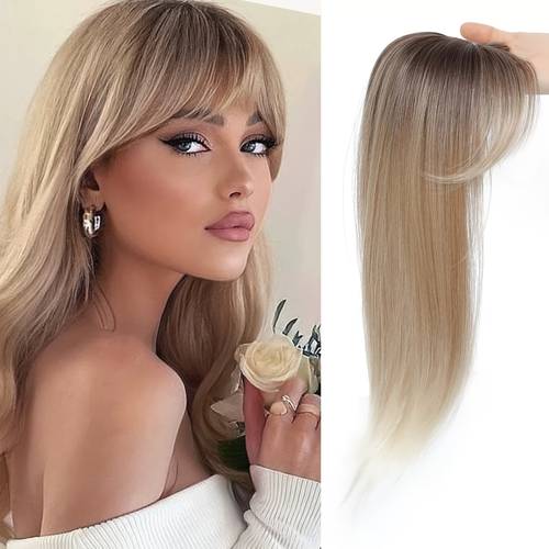 dames 20 ombre blond haar topper met pony geschikt voor dunner wordend haar & kaalheid, synthetisch haarstuk voor direct volume, dichtheidsverhogende haarverlenging voor dagelijks gebruik, hoofdhuiddekkend haarstuk