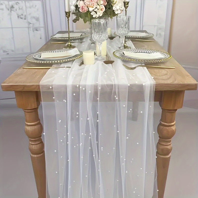 

1pc Pearl Bead Sheer Tulle Table Runner, Polyester Farbic, For Wedding Party Table Decoration, Backdrop Drapes, Chair Sashes