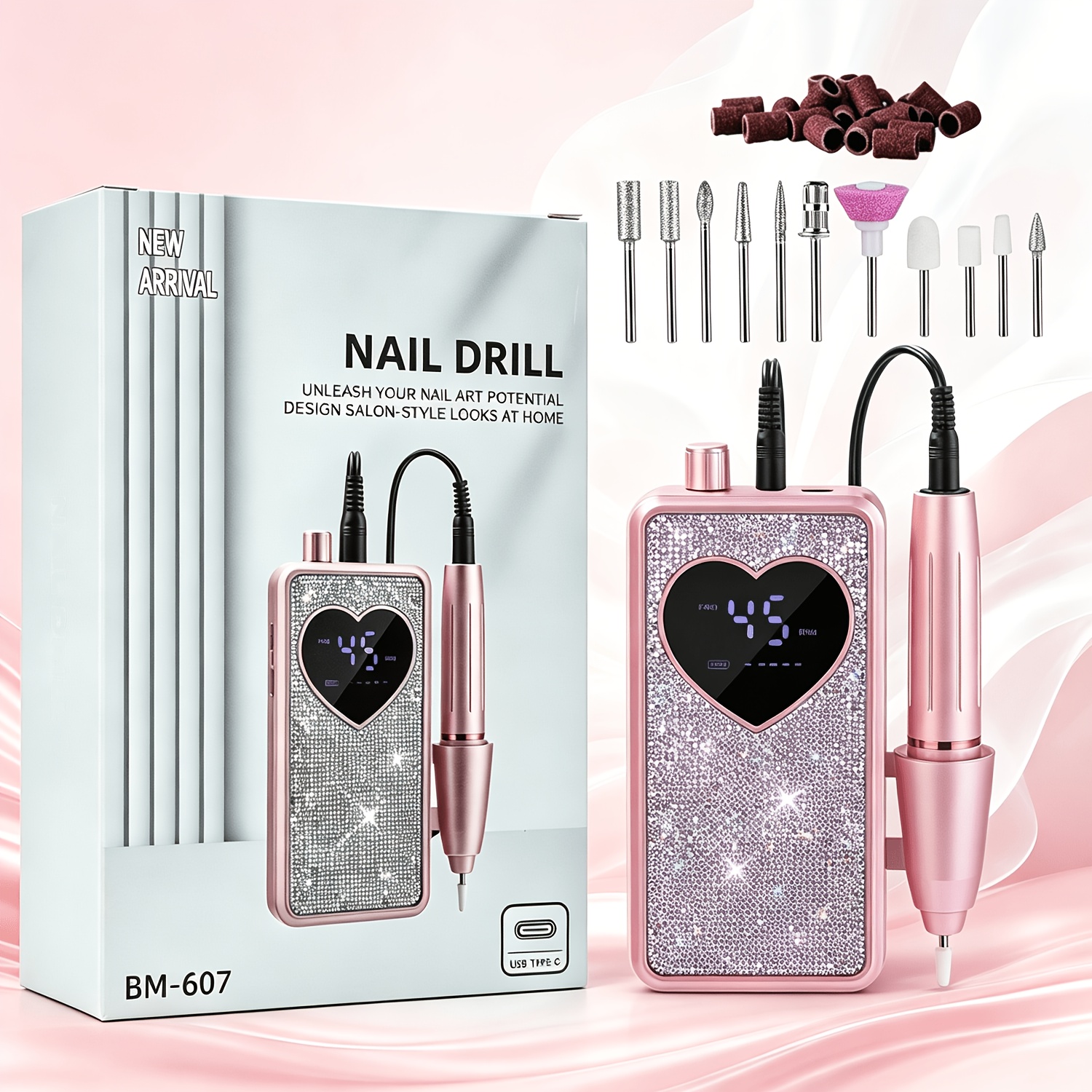 TEMU Professionele elektrische nagelboor, met schitterende strass-steentjes, 45000 RPM nagelvijl acrylnagelset met 11 nagelboren, draadloze nagelsets