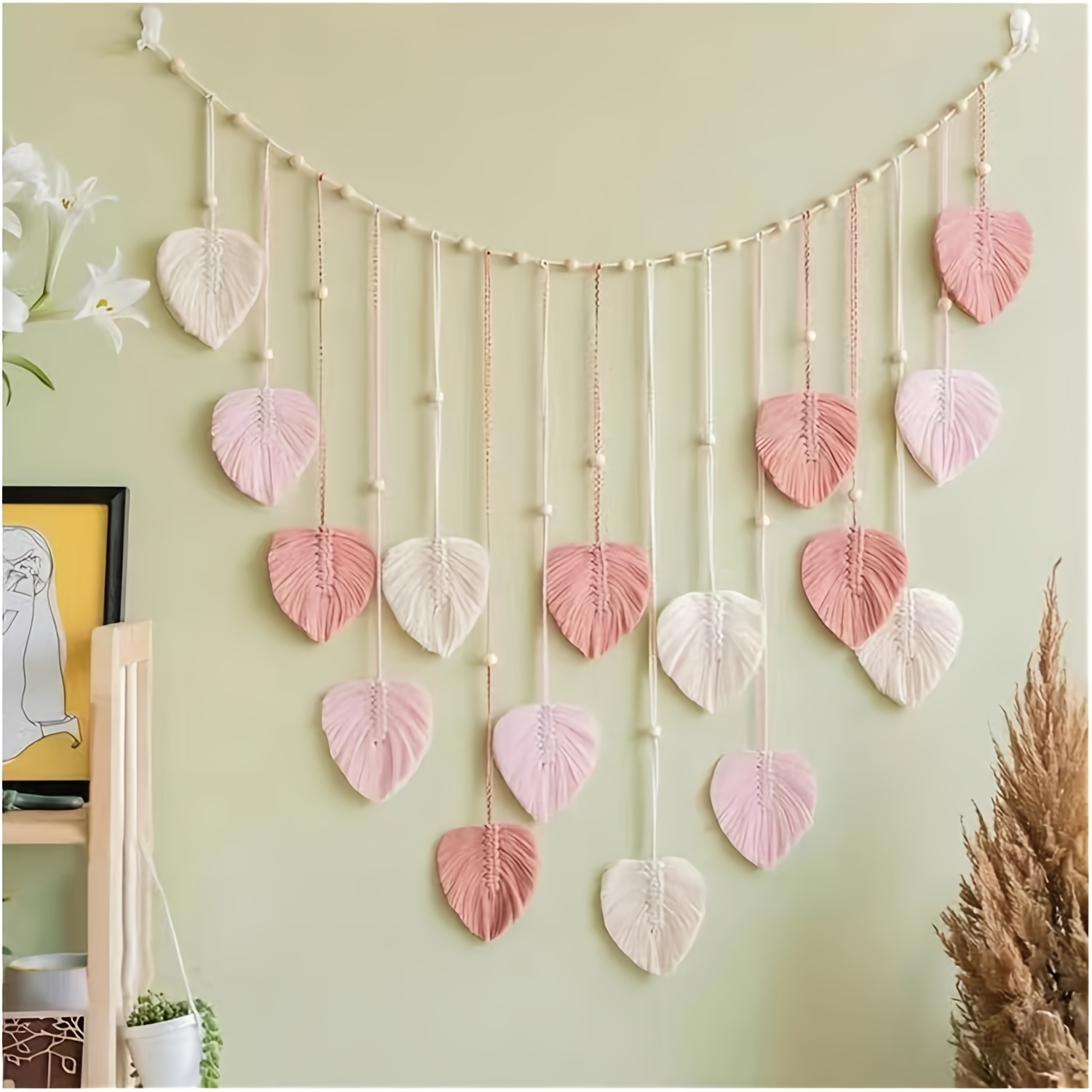 TEMU 1pc Bohemian Macrame Wall Hanging - Handmade Leaf Tassel Tapestry,horizontal Bedroom & Living Room Decor, No Electricity Needed, Indoor Hanging