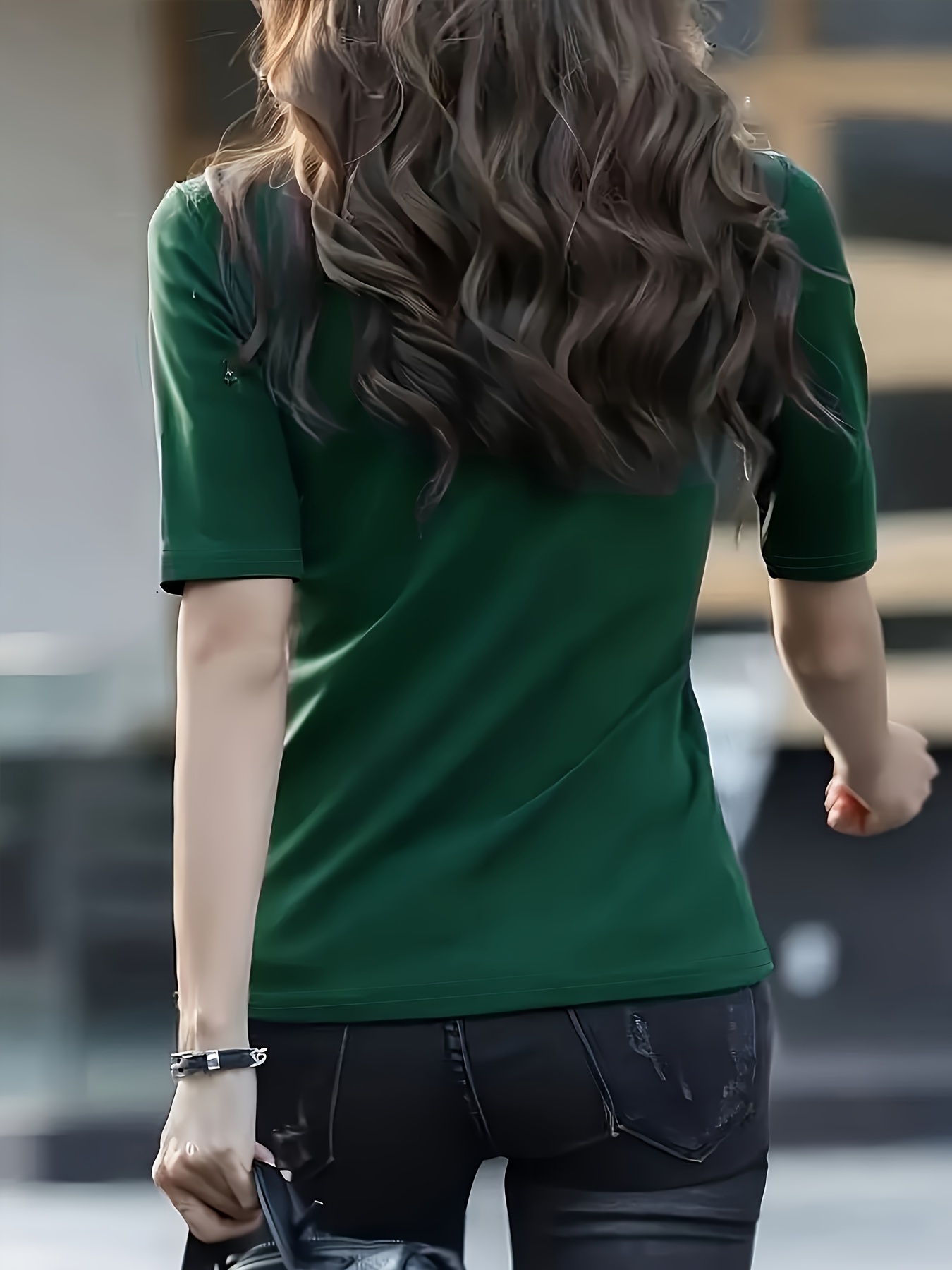Women's Casual T-Shirt - High Elasticity Solid Green Crew Neck Top, Machine Washable & Dry Cleanable, Regular Fit All-Season Versatile Shirt for Casual Attire, Ladies T Shirts, Elegant Style, Highelasticity Fabric
