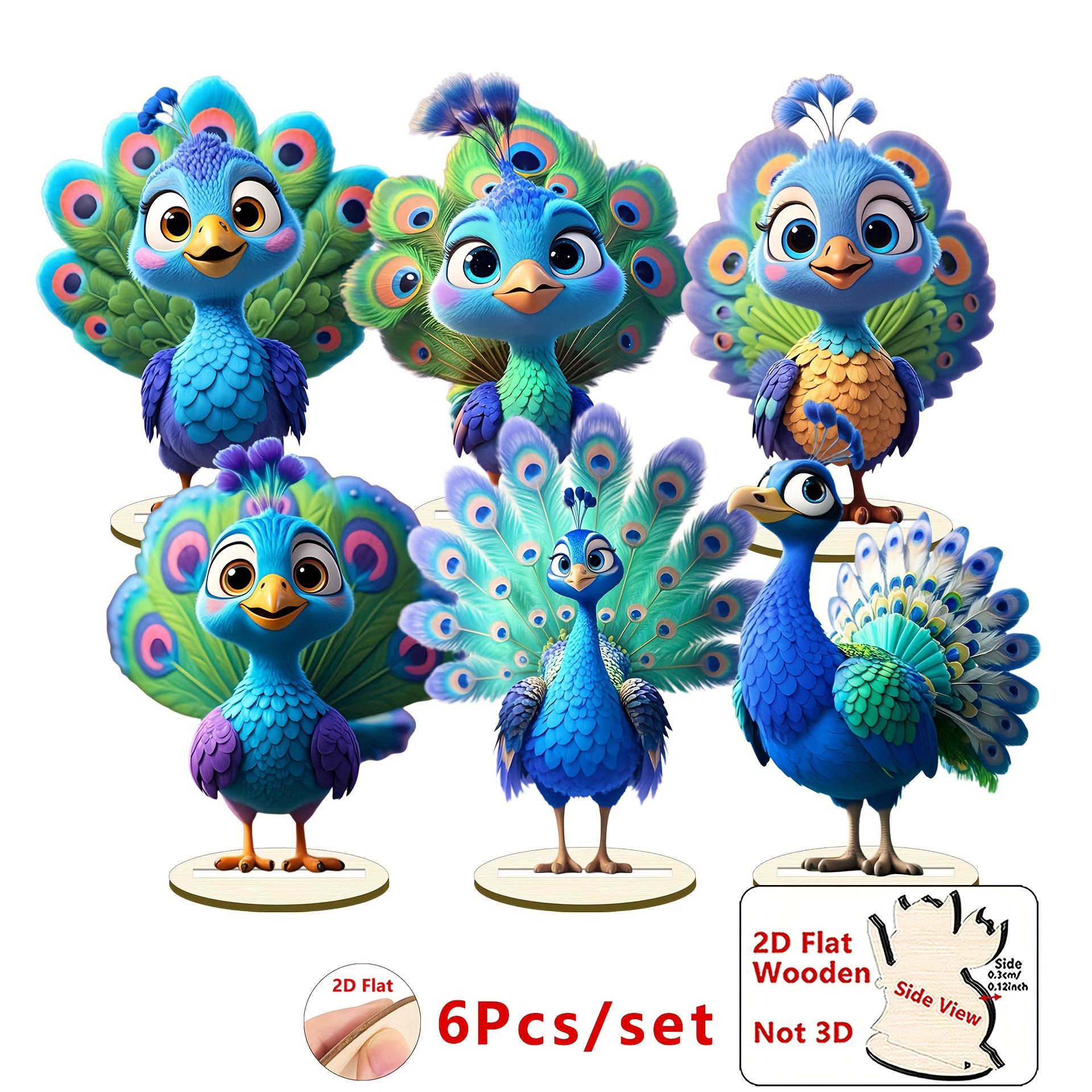 TEMU 2d Flat - 6pcs 2d Flat Cute Peacock Wooden Ornaments Tabletop Decorations, Suitable For Birthdays, Home Office, Classroom And Event Decorations,