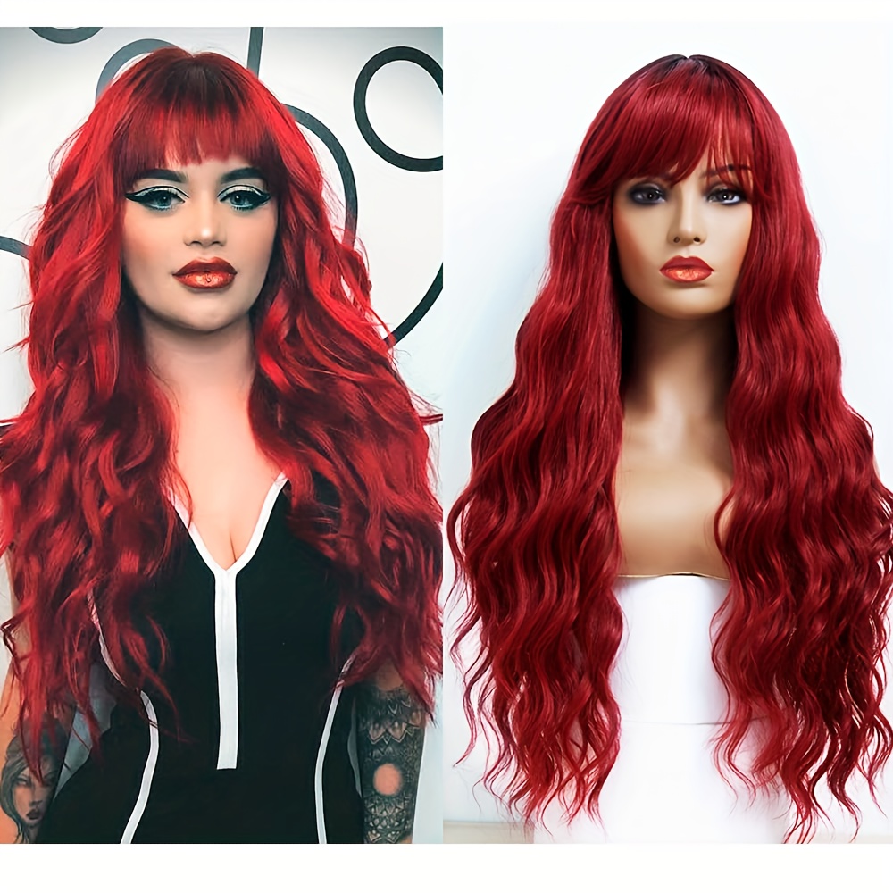 

Synthetic Red Wig With Bangs Long Red Wigs For Women Curly Wavy Hair Heat Resistant Fiber Wig For Women Party Use